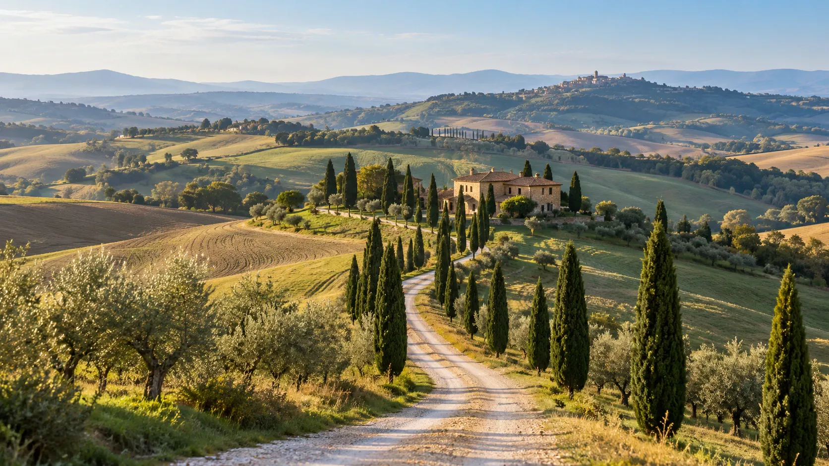 Tuscan hills, cypress trees and a country road in warm morning light